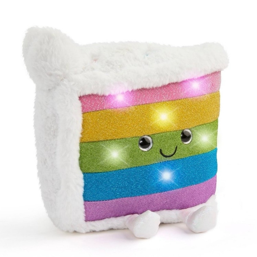 NWT FAO Schwarz White Plush Rainbow Light-Up Pillow with Glitter Stripes